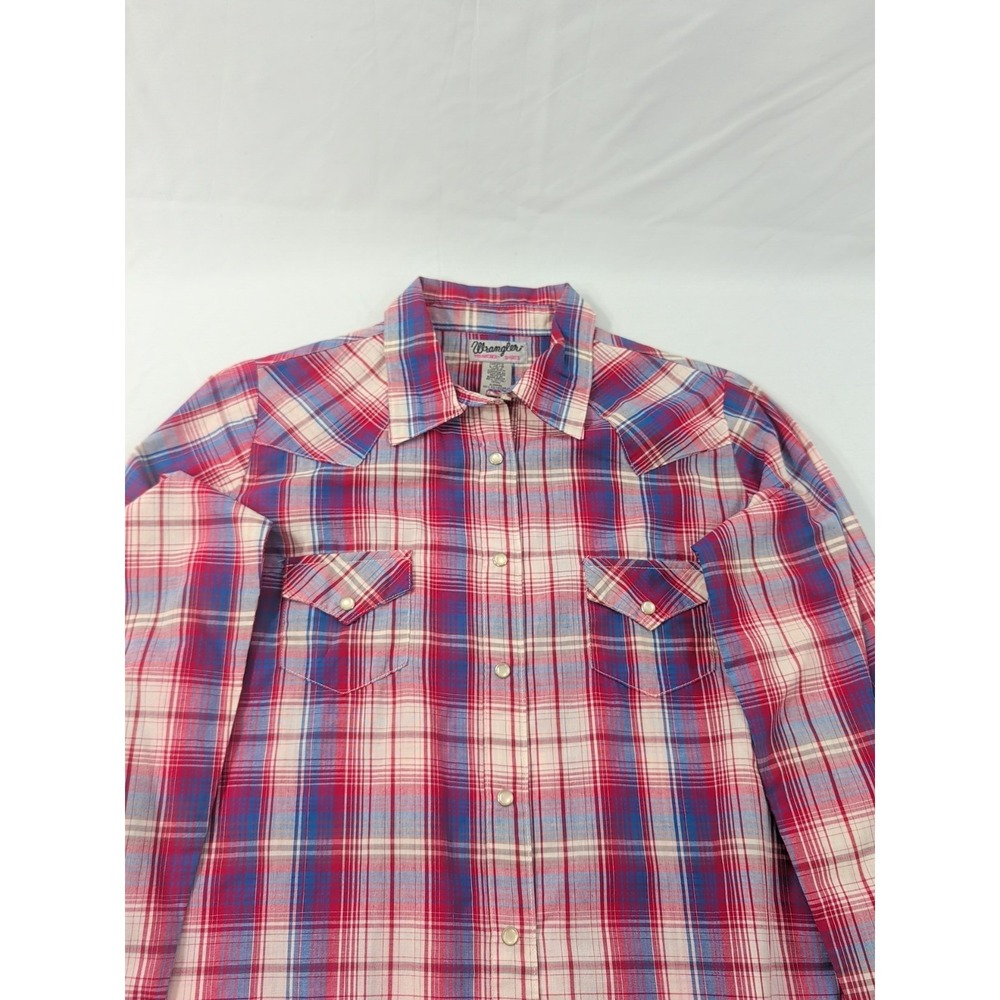 Wrangler Wrancher Shirt Women L Western Pearl Snap Red Blue Plaid Rodeo Ranch